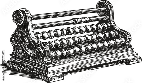 Antique abacus with carved wooden frame and multiple beads for counting and calculation