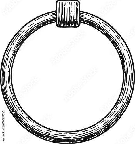 Vintage wooden towel ring hand drawn rustic bathroom accessory, circular holder for towels or cloth