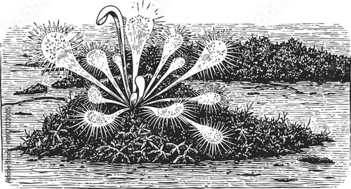 carnivorous sundew plant with sticky glandular hairs trapping insects in natural habitat