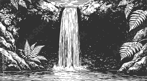 Waterfall in forest surrounded by leafy plants and rocks, nature landscape with flowing water