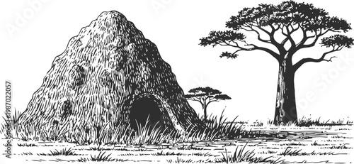 African termite mound near baobab tree on savannah grassland with scattered acacia bushes