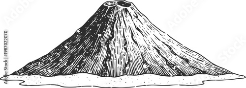 Vintage black and white illustration of a volcanic mountain with detailed texture and crater top