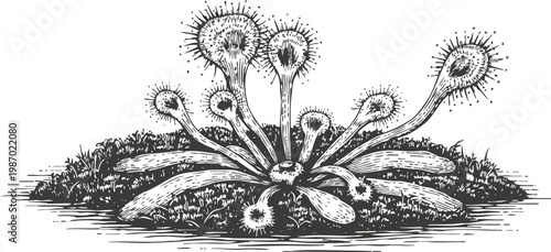 Vintage botanical illustration of sundew carnivorous plant with sticky glandular leaves and dew drops