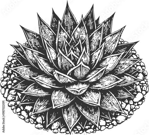 Detailed black and white illustration of a succulent plant with thick pointed leaves surrounded by small stones