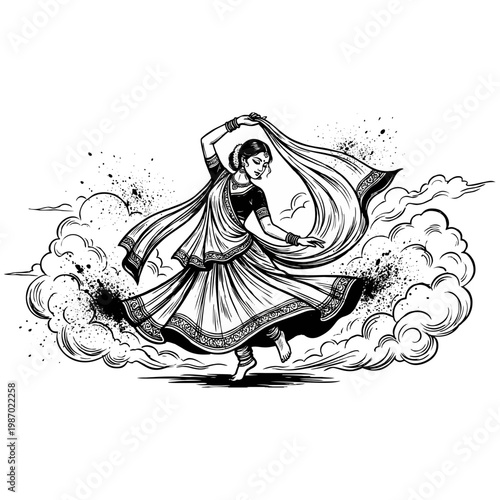 Elegant indian dancer wearing a traditional ethnic lehenga performs an artistic cultural dance in this black and white vector graphic illustration.