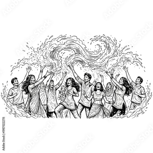 A lively vector illustration capturing a diverse group of joyful people celebrating a colorful festival with expressive poses and dynamic splashes of powder.