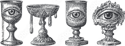 Set of mystical chalices with all seeing eyes, ornate vintage goblets in steampunk illustration