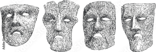 ancient wooden masks carved with somber expressions and detailed texture