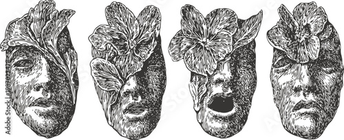 surreal human faces merged with blooming flowers in detailed black and white ink illustrations