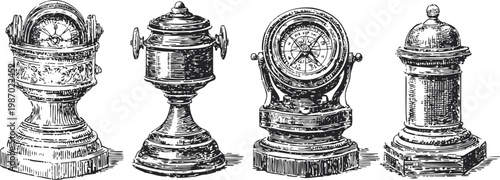 Vintage nautical instruments set hand drawn compass, sextant, and maritime tools antique navigation equipment collection