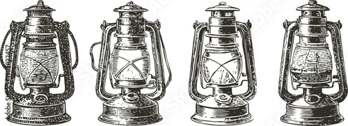 vintage kerosene lanterns set hand drawn old oil lamps with glass chimney and metal frame collection