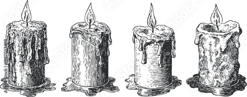 set of four vintage hand drawn candles with melted wax and flickering flames