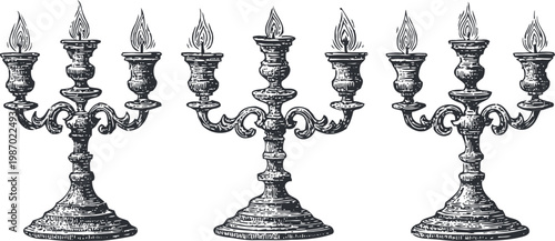 vintage ornate candelabras set with five lit candles, elegant antique metal holders, classic decorative lighting