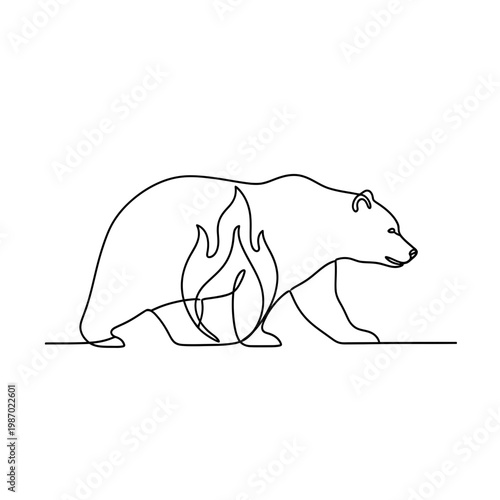 Bear on Fire Continuous Line Drawing Art
