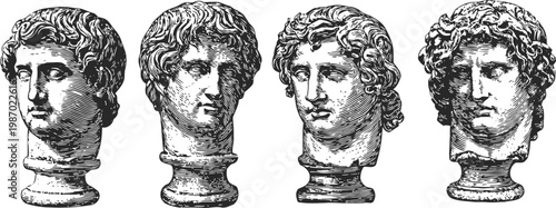 Four detailed classical sculpture busts of male heads with curly hair and strong facial features in antique