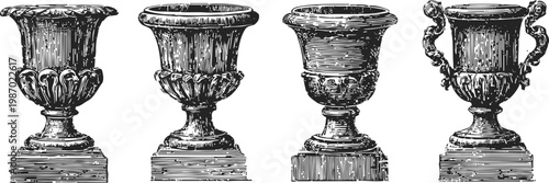 vintage classical urns set antique decorative vases with ornate design and pedestal base retro engraving illustration