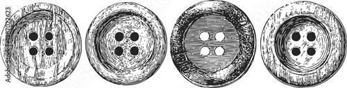 Vintage wooden buttons set hand drawn round sewing accessory collection with four or two holes detail