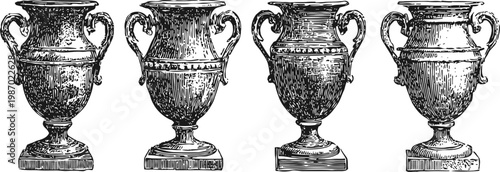 Antique urns with ornate handles and detailed vintage patterns set of four classical vases