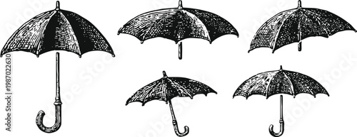 Set of vintage black umbrellas with curved handles in various open positions