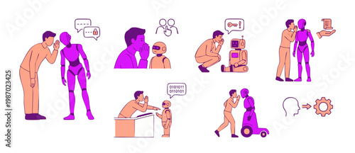 Human whispering to robot set, secret interaction with artificial intelligence, tech communication concept, data privacy and machine learning chat scenes, modern flat vector illustration of digital di