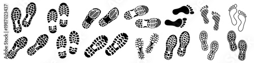 Various human footprints and shoe tracks silhouette vector set
