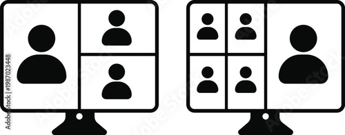 Virtual Meeting Icon Set. Video conference and remote work symbols. Online meeting icons. training icons on computer, laptop, tablet, mobile phone. teamwork discussion symbol design
