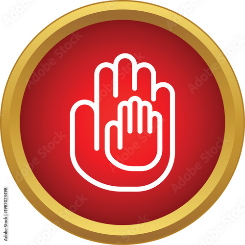 Adult hand holding a child's hand on a red button, symbolizing protection and stop