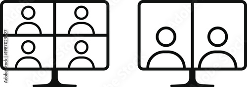 Virtual Meeting Icon Set. Video conference and remote work symbols. Online meeting icons. training icons on computer, laptop, tablet, mobile phone. teamwork discussion symbol design
