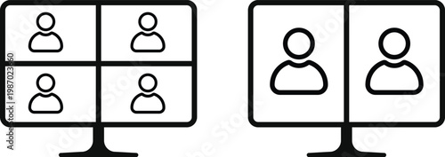 Virtual Meeting Icon Set. Video conference and remote work symbols. Online meeting icons. training icons on computer, laptop, tablet, mobile phone. teamwork discussion symbol design
