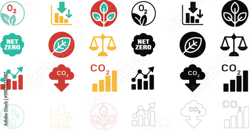Environmental and climate change icons representing carbon dioxide reduction and net zero goals