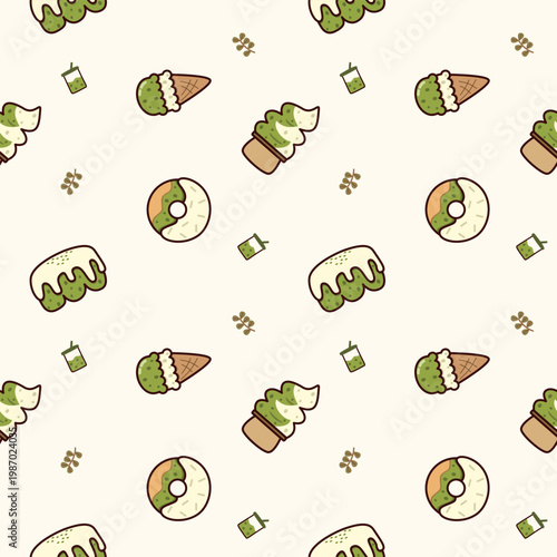 Bakery green tea cartoon so cute. On bread donuts cupcakes ice cream drinks leaf background. Pattern seamless vector illustration. 