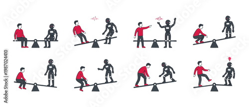 Human and Robot Seesaw Balance Interaction Set for Artificial Intelligence Concepts and Technology Comparison Illustration showing Person and Android engaged in weight equilibrium on a playground teet