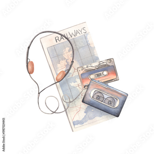 Photos Hand-painted watercolor composition of railway map, cassette player, tape, headphones isolated on white