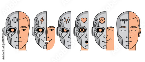 Human vs Robot Face Expressions, Cyborg Hybrid Heads Set, Future Technology Humanoid Character Concepts, Artificial Intelligence Emotional Intelligence Icons, Digital Man Machine Evolution Vector Illu