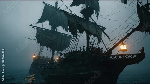 Ghost Ship Sails Through the Stormy Sea in a Wide Shot With Dark Clouds and Haunting Atmosphere at Dusk During an Eerie Voyage