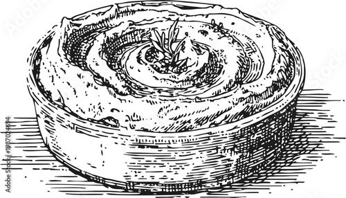 Traditional hummus dip with olive oil and herbs, middle eastern vegan appetizer, rustic ink drawing