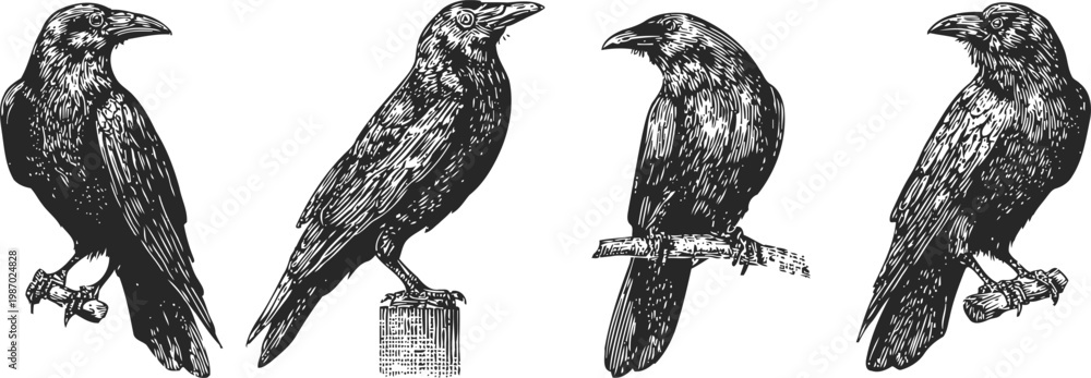 Fototapeta premium black ravens perched on branches and posts hand drawn vintage bird illustrations set with detailed feathers and beaks