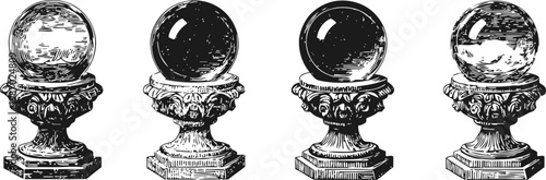 vintage ornamental stone spheres on decorative pedestals with intricate carved bases
