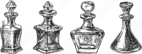 Vintage glass decanters with stoppers set of four antique bottles in etched black and white engraving