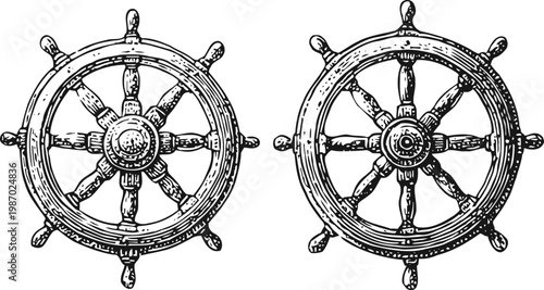 Vintage ship steering wheels set old nautical helm with spokes and detailed wood texture maritime navigation classic design