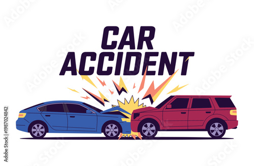 Blue car and red S U V collide with colorful explosion accident collision.