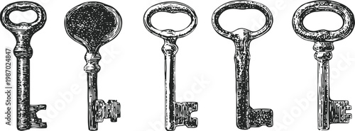 Vintage skeleton keys set with ornate handles in engraved black and white