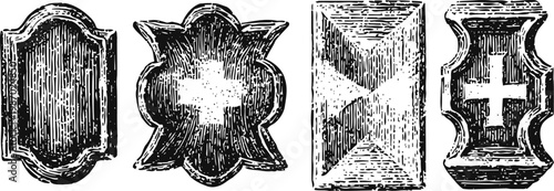 vintage ornamental metal stamps with intricate textured patterns and decorative edges