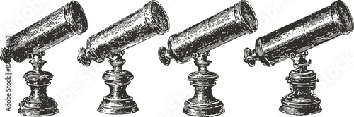 vintage brass telescope illustration set in various angles antique scientific instrument detailed engraving