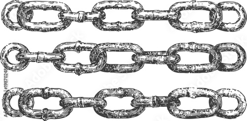 Vintage hand drawn metal chains set antique heavy iron links in various styles and shapes isolated on white