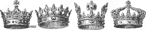 Vintage royal crowns collection detailed hand drawn illustrations of medieval king and queen headpieces, regal symbols of power and nobility