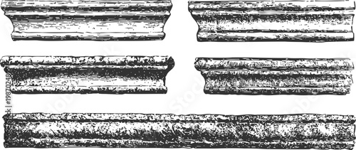 Set of vintage black and white architectural moldings and trim elements with textured details