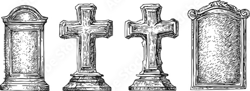 Vintage ornate gravestones and tombstones set hand drawn cemetery monuments and crosses with detailed engravings and textures