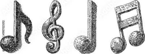 hand drawn musical notes and treble clef sketch set vintage music symbols collection with shading and texture