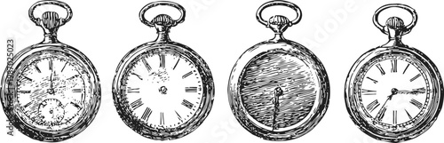 vintage pocket watches hand drawn illustration set classic timepieces with ornate details and roman numerals